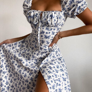 Yissang Floral Print Puff Short Sleeve Women Dress High Split Party Long Dresses Elegant Lace Up