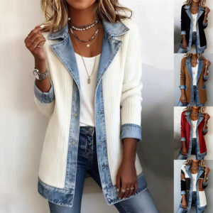 Denim Patchwork Jacket Fashion Commuter Lapel Button-down Long-sleeved Top For Women's Clothing