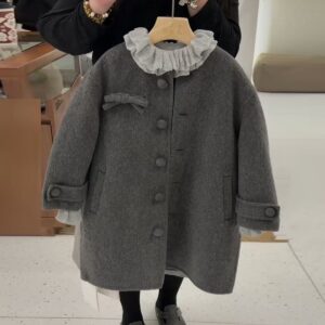 Thickened Wool Coat With A Gray Bow A Vintage Elegant Wool Outerwear Piece For Girls
