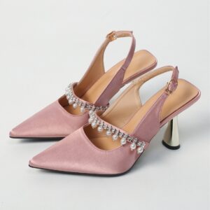 2024 New European and American Style Women's Shoes, Fashionable Rhinestone and Pearl Strappy Pointed Toe High Heels, Cross-border Exclusive