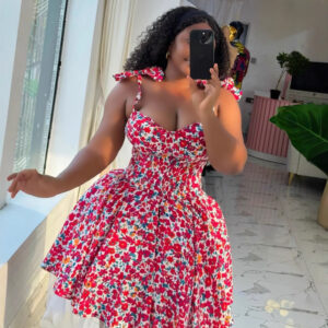 European and American Women's 2025 Spring Elegant Floral Strap Bow High Waist Slimming A- line dress Skirt