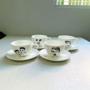 Carrol Boyes, an abstract figure from South Africa, is used in home and office settings. He has water cups, teacups, coffee cups, saucers, and creative dessert plates.