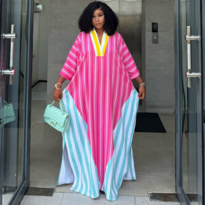 European and American cross-border African women's clothing 2026 Spring New stylish and fashionable V-neck striped loose long dress