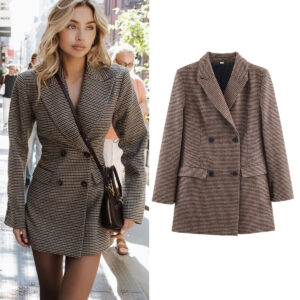 Womens Mid-Length Double-Breasted Houndstooth Blazer