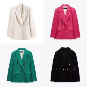 Womens 4-Color Textured Double-Breasted Midi Blazer