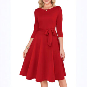 New Solid-Color Cocktail Dress With 34 Sleeves, Vintage Style, Elegant Round-Neck Gown For Wedding Guests