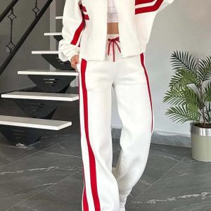 2026 European and American cross-border Amazon autumn foreign trade Y2K striped zip-up top jacket casual sportswear set for women