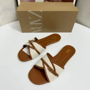 Z*ra Shoes New Arrival Banquet Slippers A 2025 New European and American Style Square Toe Flat Sandals Women's Shoes Cross Buckle Women's Shoes