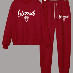 Letter pattern sweatshirt women's two-piece set drawstring waist sweatpants