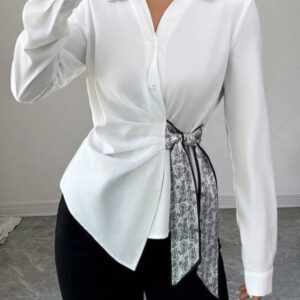 Irregular Polo Collar Scarf Tie Waist-cinching Shirt Women's Spring and Autumn Loose-fitting Lazy Style Shirt Professional Commuter Top