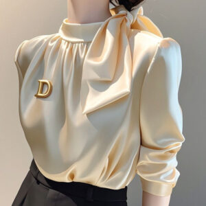 Champagne Satin Long-sleeve Shirt With A Bow-tie Tie-up Top